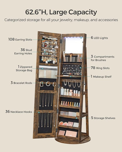 SONGMICS LED Jewelry Cabinet Standing, Lockable Armoire With Full-Length Mirror and Adjustable Lights, Space-Saving Organizer, Gift Idea, Rustic Brown UJJC008X01