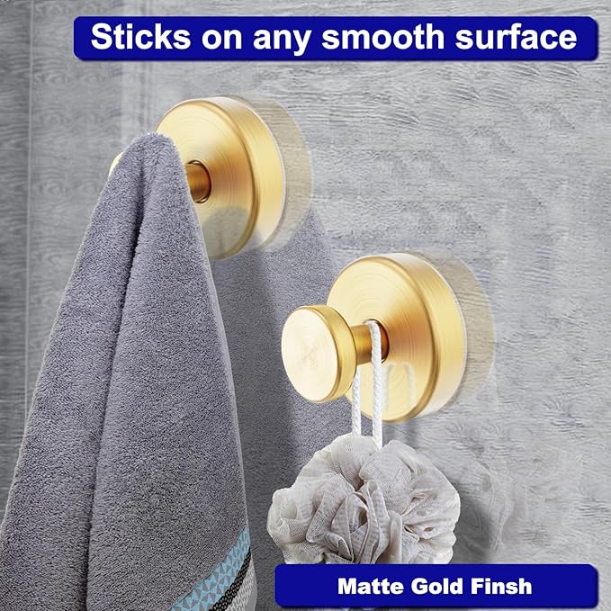 Suction Cup Hooks for Shower, Removable Towel Hooks for Bathroom Window Glass Door Wall, Bath Robe Looafh Hook for Hanging - 4 Pack, Gold