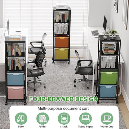 4 Drawers File Cabinet, Vertical Filing Cabinets, Rolling File Cart, Hanging File Folder Organizer with Wheels, Mobile Printer Stand Utility Craft Cart for Home Office,Black