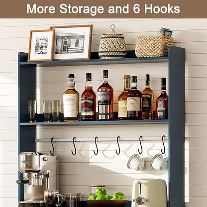 ChooChoo Farmhouse Coffee Bar Cabinet with Storage, Bakers Rack with Power Outlets, Microwave Stand Kitchen Cabinet with Hutch and 6 Hooks, Blue