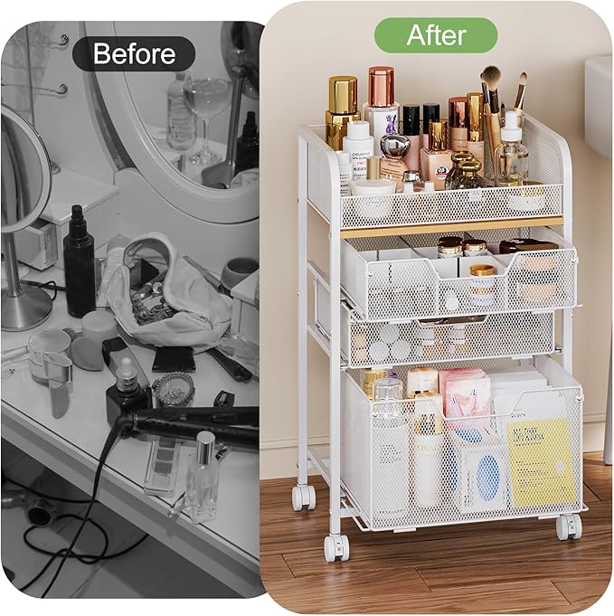 Rolling Makeup Cart Organizer with 3 Drawers, Floor Skincare Organizers with Wheels, Cosmetics Display Cases, Vanity Storage Organizer for Skin Care Perfume Nail Polish, White