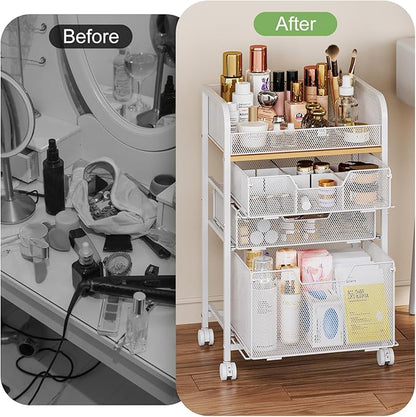 Rolling Makeup Cart Organizer with 3 Drawers, Floor Skincare Organizers with Wheels, Cosmetics Display Cases, Vanity Storage Organizer for Skin Care Perfume Nail Polish, White