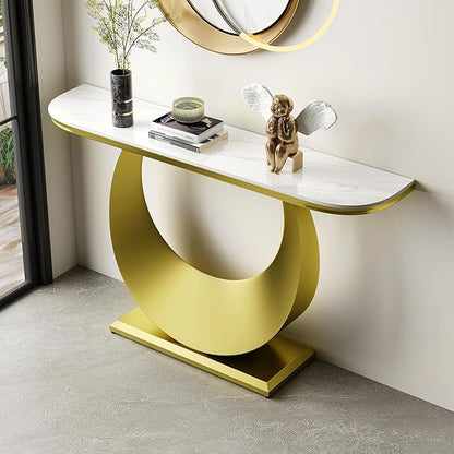 47.2" Premium Half-Console Table with Faux Marble Top & Gold Metal Base,Long Narrow Entryway Table for Hallway,Sofa Table & Accent Furniture for Foyer,Living Room,Bedroom,White & Gold