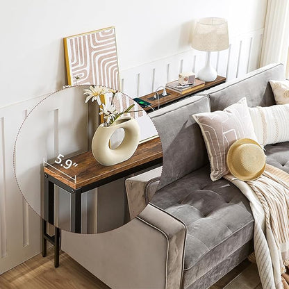 Skinny Console Table with Power Outlets, 55.1" Narrow Sofa Table, Behind Couch Table with Charging Station, Sofa Hallway Table for Plants, Living Room CTHR145E01