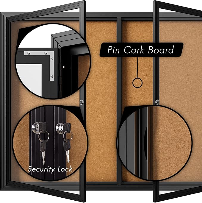 INNOVART Enclosed Bulletin Board 60”x36”, Lockable Cork Noticeboard with Black Aluminum Frame, Outdoor Enclosed Bulletin Board Weatherproof, Wall Display Case with Swing-Open Door Information Cabinet