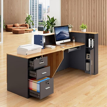 L-Shaped Reception Desk with Lockable Drawers, Adjustable File Cabinet & Keyboard Tray, Modern Front Counter for Office, Salon, or Lobby