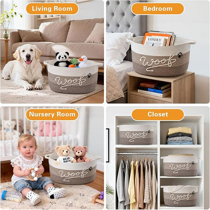 Woof Dog Toy Basket with Handles, Large Dog Toy Storage Bin with Paw Print, Woven Dog Basket for Blankets, Toys, Chews, Pet Toy Box for Nursery, Living Room, Bedroom, 17”x12”x9, Brown