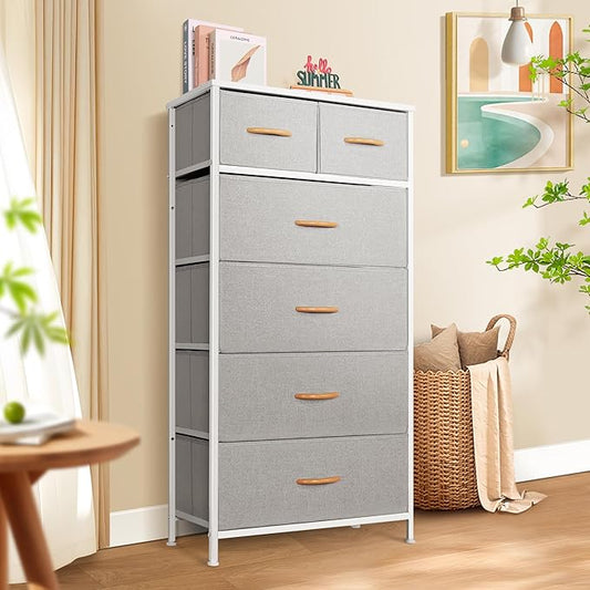 Mifuro Tall Dresser for Bedroom, Vertical Storage Organizer Tower with 6 Drawers, Chest of Drawers with Fabric Bins, Steel Frame, Wood Top for Bedroom, Closet, Entryway- Light Grey