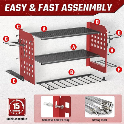 Power Tool Organizer, Heavy Duty Wall Mount Tool Organizer 3 Layers with 4 Drill Holders, Garage Tools Storage Rack with 2 Side Pegboards and Hooks for Workshop, Shed, Red