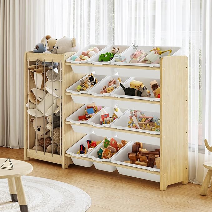 Kids Toy Storage Organizer, 2-in-1 Stuffed Animal Storage & Toy Organizer w/12 Bins, Solid Wood Toy Rack Featuring Thicker Elastic Ropes to Hold Toys, Playroom Nursery Bedroom Storage, White