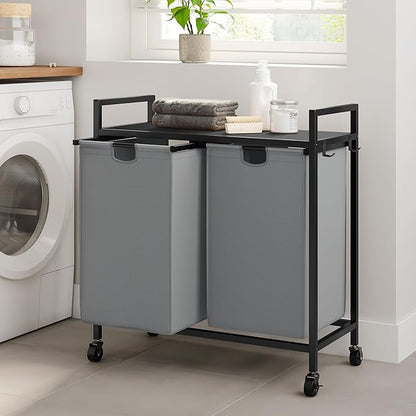 WOWLIVE Double Laundry Hamper with Lid,Rolling Laundry Basket Organizer with Wheels, Iron-Made Laundry Sorter with Top Shelf and 2 Removable Bags,Large Clothes Storage for Room,Gray