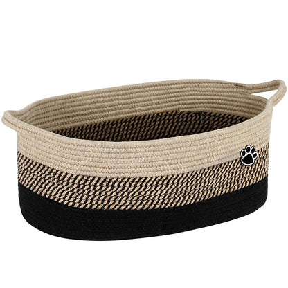 Dog Toy Basket, Toy Box and Bin for Dog Cat Storage, 19.7" X 11" X 7.9" (30L) Large Woven Rope Basket for Blanket Storage, Living Room, Bedroom, Black & Brown