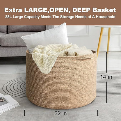 Large Wicker Storage Basket, 22” X 22” X 14” Woven Cotton Rope Basket, Kids Dog Toy Bin Organizer, Blanket Pillow Holder for Living Room, Brown Variegated Wicker Baskets for Organizing