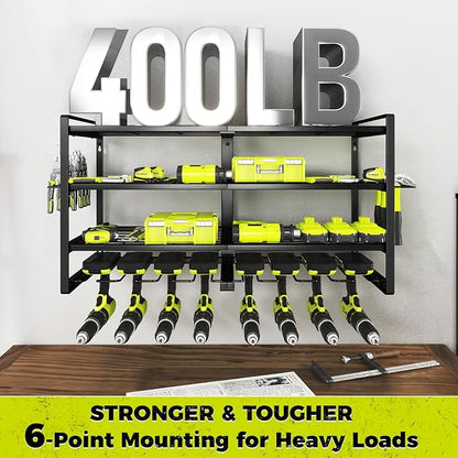 KAFAHOM Power Tool Organizer-8 Drill Holder Wall Mount,4 Layer Heavy Duty Metal Power Tool Storage Rack,Garage Tool Organizer and Storage with Screwdriver Holder/Plier Holder/Hammer Holder