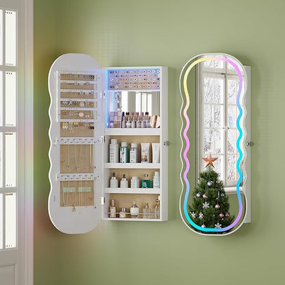 HNEBC LED Mirror Jewelry Cabinet with RGB Lights,42.5" Wall Mounted Jewelry Organizer with Full-Length Mirror,Over The Door Hanging Jewelry Armoire Storage Cabinet,Lockable,Wide Wavy Mirror