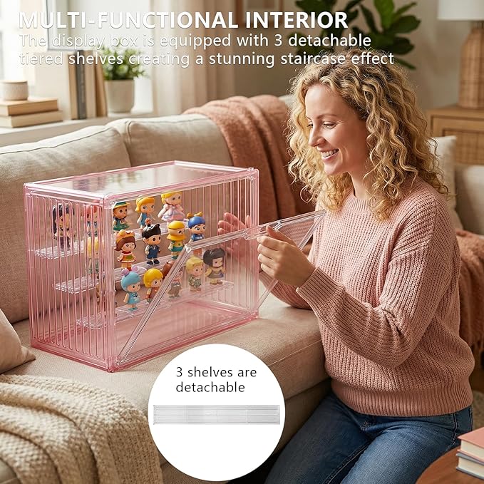 Clear Doll Display Box Compatible with Labubu - Stackable Organizer for 15-17cm Dolls & Accessories, Transparent Display Case for Collectibles, Action Figures, and Toy Clothes (Pink)