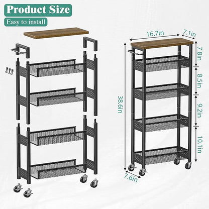 Giwil Slim Storage Cart 5 Tier Narrow Kitchen Rolling Cart on Wheels for Small Space, Metal Utility Cart Narrow Bathroom Storage Cabinet Mobile Shelf Unit Organizer with Wood Top and Handle, Black
