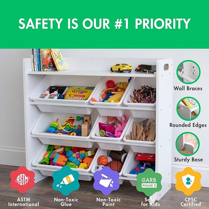 Humble Crew Toy Storage Organizer with Top Shelf and 9 Removable Bins, White/White – Toddler Bookshelf with Toy Organizer - Modern Toy Rack Ideal for Kids' Rooms, Playrooms, and Nurseries