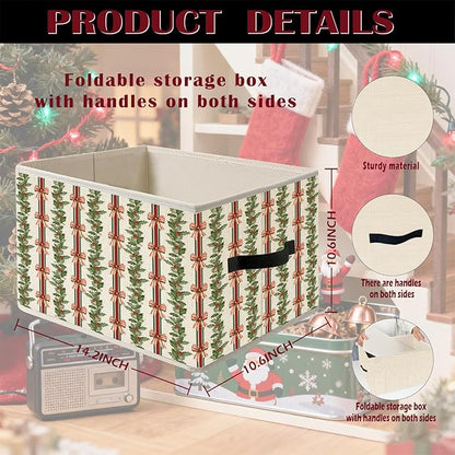 Red and Green Coquette Bow Holly Striped Christmas Storage Bin Box with Handles, Vintage Holiday Christmas Foldable Organizer Basket Toybox for Girls Room Bedroom Bathroom Clothes Toys Books