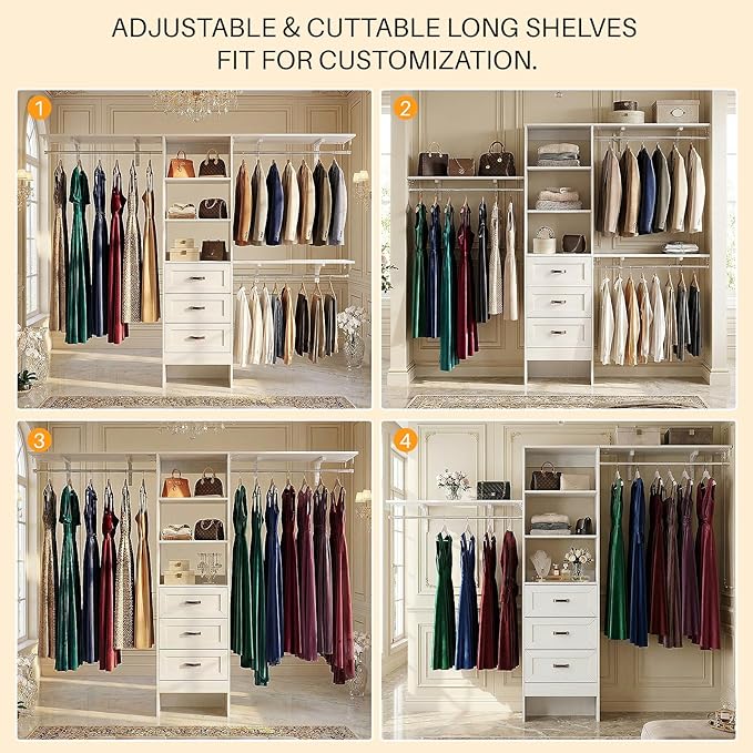 8FT Closet System with 3 Curved Drawers, 96'' Wooden Walk-in Closet Organizer with 3 Top Shelves, Adjustable Organizer System with 3 Hanging Rods, Built-in Wardrobe Storage Rack for 4-8 ft, White