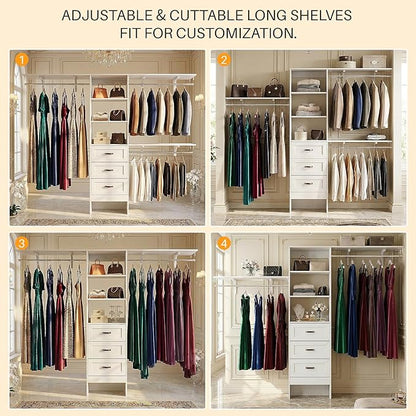 8FT Closet System with 3 Curved Drawers, 96'' Wooden Walk-in Closet Organizer with 3 Top Shelves, Adjustable Organizer System with 3 Hanging Rods, Built-in Wardrobe Storage Rack for 4-8 ft, White