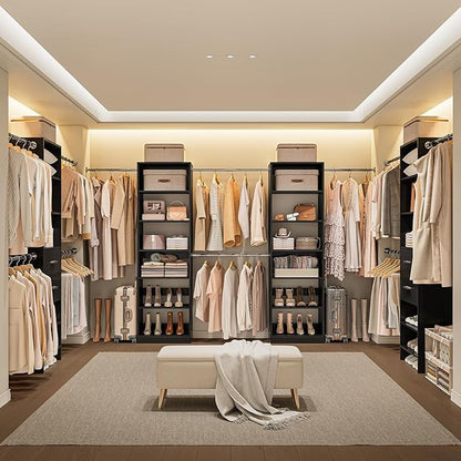 W1 Closet System, 3.5FT-7.7FT Closet Organizer System with 4 Chrome-Plated Telescopic Rods & 6 Adjustable Shelves, Custom Wood Walk-In Closet Wall-Mounted Clothing Rack, Black