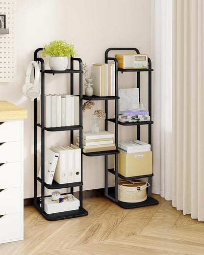 Vertical Shoe Rack, Shoe Shelves, Wood Shoe Organizer for Closet, Entryway, Shoe Tower for Small Spaces, Free Standing, Adjustable, with 2 Hooks, 6 Tier Black SR04204B