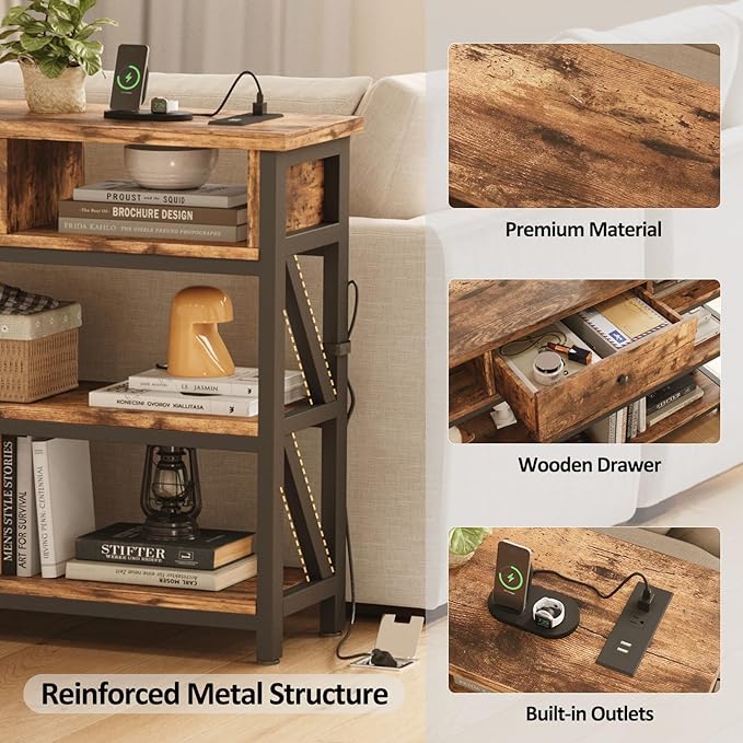 Mexin Console Table with Outlets and USB Ports, Entryway Table with Drawer Storage Shelves, Industrial Wood Hallway Sofa Table for Living Room, Couch, Foyer, Kitchen Counter, 39 Inch, Vintage Brown