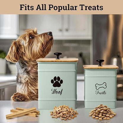 Dog Treat Container Airtight Set of 2 - 8x6 & 7x5 inch Iron Dog Treat Jars for Kitchen Counter with Airtight Bamboo Lids - 20 Cup Capacity Pet Treat Container Set - Doggie Cookie Jar - Treats Canister