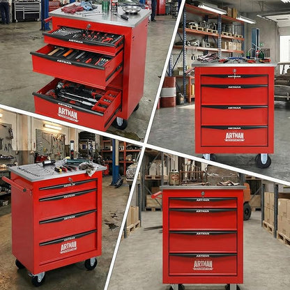 4-Drawer Rolling Tool Chest with Stainless Steel Countertop,Tool Chest with Secure Locking System,Mobile Storage Tool Cabinet with 360°Wheels and Padded Feet,for Home,Garage (Red)