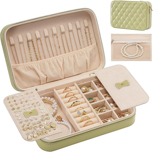 Lolalet Travel Jewelry Case for Women Girls, Travel Jewelry Organizer Box with Mirror & Clear Storage Bag, Small Portable Earring Necklace Bracelet Ring Case, Birthday Valentine Gifts -Medium, Green