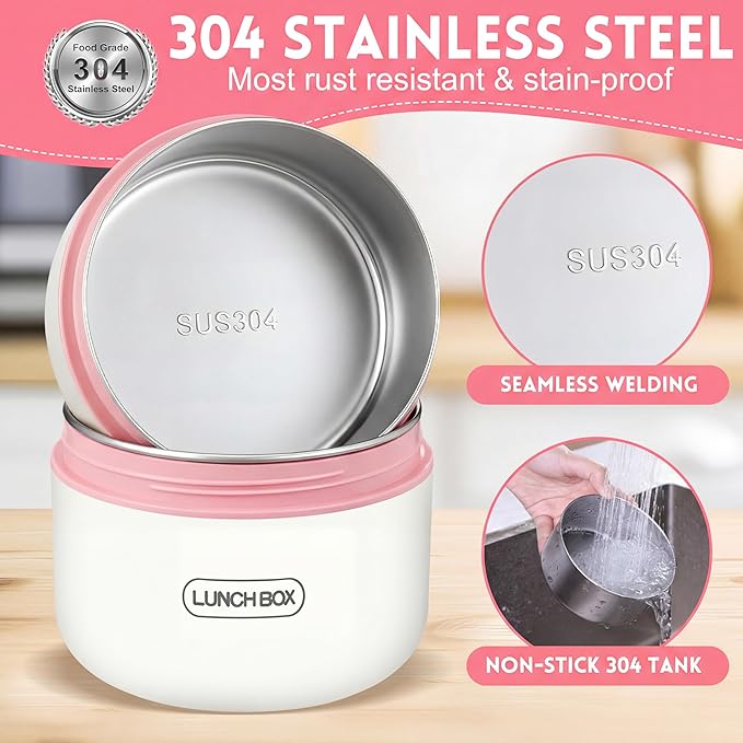 Dandat 3 Pcs Portable Insulated Lunch Container Set for Adult, Stackable Stainless Steel Bento Box for Hot Food with Insulated Lunch Bag Unisex 3 Separate Thermal Food Container (Pink)