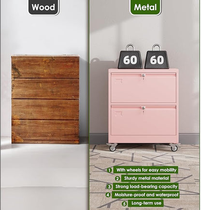 Aobabo Lateral File Cabinet 2 Drawer with Wheels, Lockable Metal Filing Cabinet for Home Office, Legal/Letter Size,Pink,Required Assembled,15.87" D x 28.94" W x 34" H