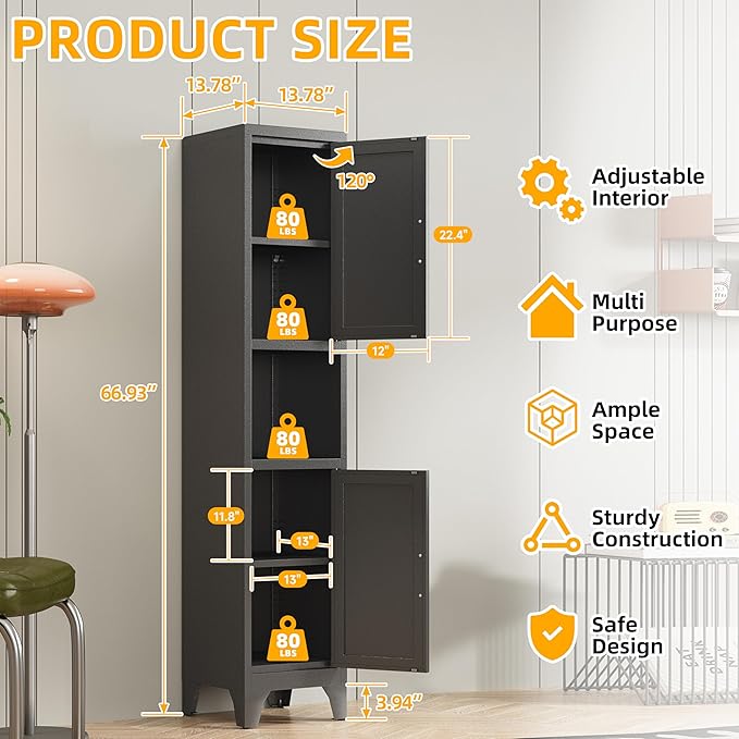 67" H Black Metal Narrow Pantry Cabinet with 2 Doors and 2 Adjustable Shelves, 5 Tier Small Thin Storage Cabinet with Legs and Gold Handle for Kitchen,Home Office,Bath,Laundry,Easy Assembly