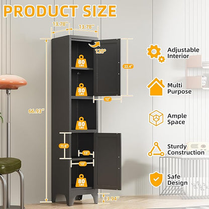 67" H Black Metal Narrow Pantry Cabinet with 2 Doors and 2 Adjustable Shelves, 5 Tier Small Thin Storage Cabinet with Legs and Gold Handle for Kitchen,Home Office,Bath,Laundry,Easy Assembly