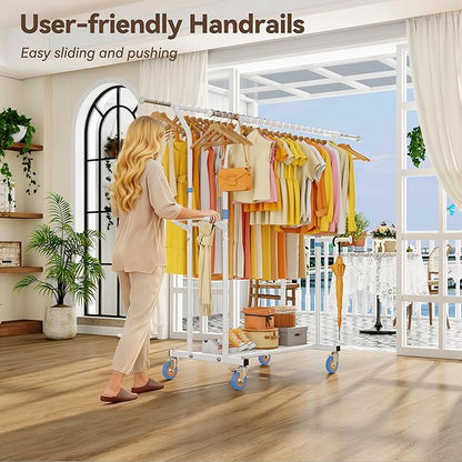 Heavy Duty Clothes Rack for Hanging Clothing: 800LBS Rolling Coat Racks Poartable Garment with Wheels Shelves Freestanding Sturdy Metal Adjustable Extendable Bedroom Laundry Living Room
