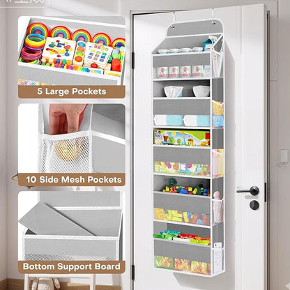 SpaceWhisper Over the Door Organizer, 5 Large Pocket Hanging Storage Organizer with 40lb Capacity, Space Saving for Nursery, Bathroom, Bedroom, Closet - Baby Essentials & Toiletry Organizer (Grey)