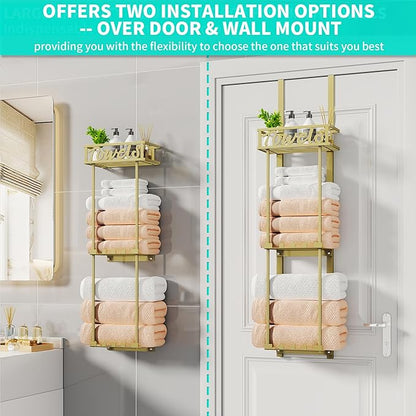HapiRm Towel Rack Bathroom Storage - 3 Tier Over The Door & Wall Mounted Rolled Towel Racks Holder Organizer with Metal Shelf and 6 Hooks for Small Bathroom, Camper, Rv - Gold