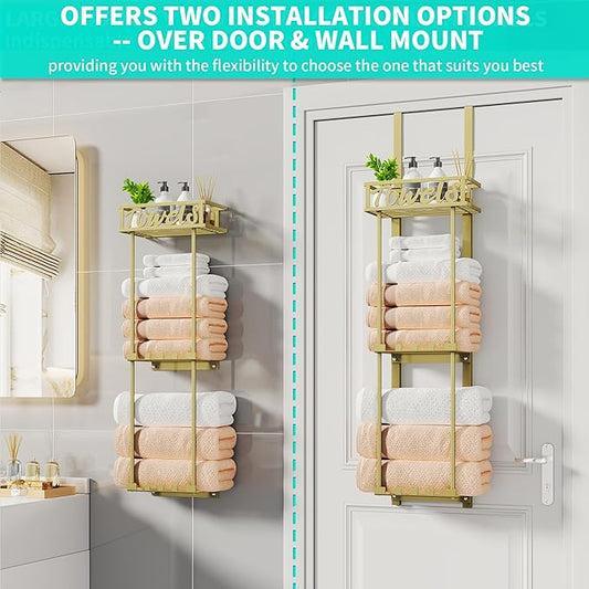 HapiRm Towel Rack Bathroom Storage - 3 Tier Over The Door & Wall Mounted Rolled Towel Racks Holder Organizer with Metal Shelf and 6 Hooks for Small Bathroom, Camper, Rv - Gold