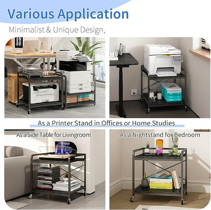 Under Desk Printer Stand with Power Outlet Large Printer Table with Adjustable Shelf,Industrial Wheels, 20 Inches Deep 2 Tier Rolling Printer Cart for Home Office, Black