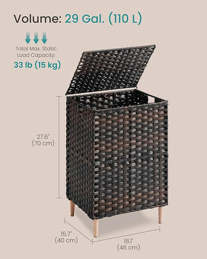 SONGMICS 2-Section Laundry Hamper with Lid, 29 Gal (110L) PE Rattan Laundry Basket with Removable Washable Liners, for Bedroom & Living Room, Chestnut Brown ULCB222ME01