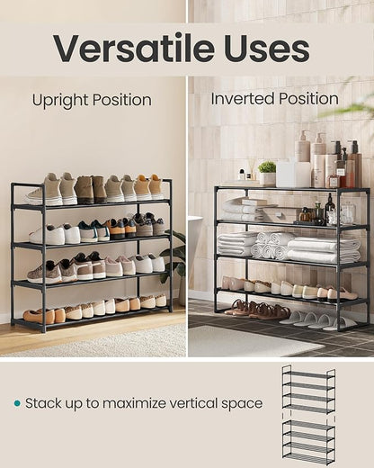 SONGMICS Shoe Rack, 4-Tier Shoe Organizer, Metal Storage Shelf, Upright or Upside Down, for 20-25 Pairs, Stackable, for Entryway, 11.8 x 36.2 x 29.1 Inches, Black ULSA14BK