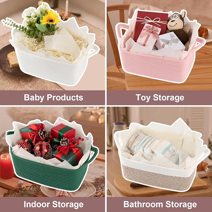 Basket for Gifts Empty, Woven Storage Basket with Gift Bag, Ribbon and Wrap Tissue Paper, Small Rope Toy Storage with Handles for Baby Shower, Dog Toy Organizer, 13.6" x 10" x 5.9”