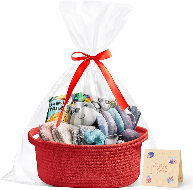 Small Woven Red Gifts Basket for Storage Empty with Ribbons and Bags Durable Cute Gifts 12"X 8" X 5" Small Rope Basket for Gifting