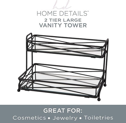 Home Details Mirrored, Perfect for Perfumes, Jewelry, Makeup, Cosmetic Organizer, Stylish Decor in Matte Black 2 Tier Vanity Tower