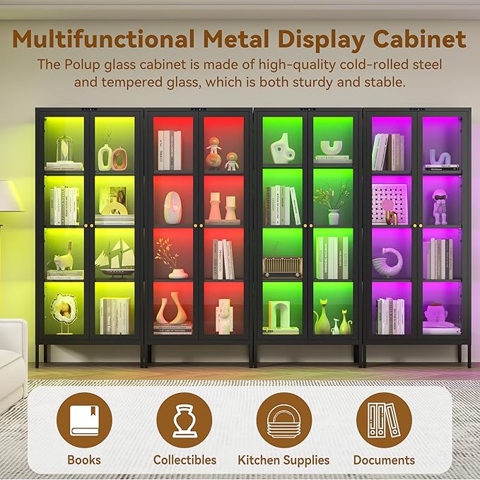 Glass Display Cabinet with 8-Color LED Lights, Black Curio Cabinet with Glass Doors, 66 Inch Tall Display Case for Collectibles, Metal Storage Cabinet for Living Room, Assembly Required