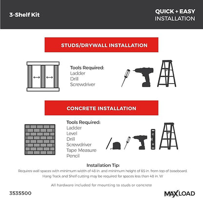 ClosetMaid MaxLoad Heavy Duty Wall Shelf Kit for Garage, 3 Shelves, Adjustable ShelfTrack Wire Shelving, Black Finish