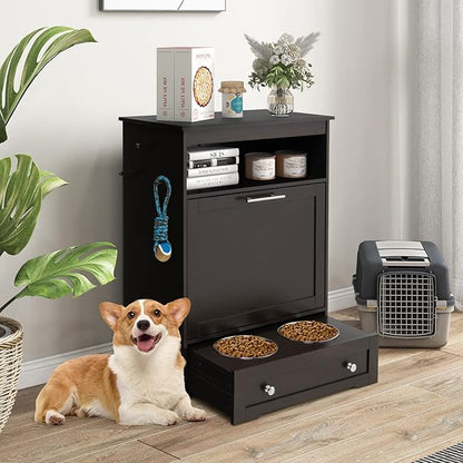 Dog Food Cabinet Feeding Station with 2 Raised Bowls, Pull Out Elevated Dog Bowl, Storage, 3 Hangers, Pet Feeder Toy Leashes Organizer, Brown