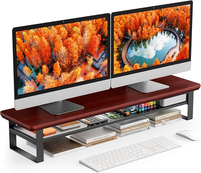 Dual Monitor Stand, 35.4 Inch Monitor Stand Riser for 2 Monitors, 2 Tiers Wood Desk Shelf with Storage, Desktop Organizer Stand for Computer, Laptop, Printer, TV (Reddish Brown, 35.4in)