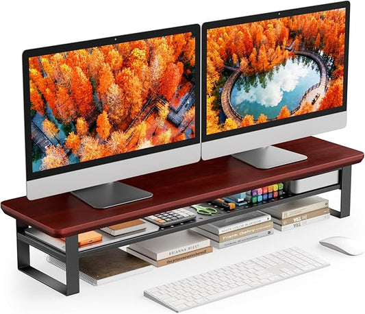 Dual Monitor Stand, 35.4 Inch Monitor Stand Riser for 2 Monitors, 2 Tiers Wood Desk Shelf with Storage, Desktop Organizer Stand for Computer, Laptop, Printer, TV (Reddish Brown, 35.4in)